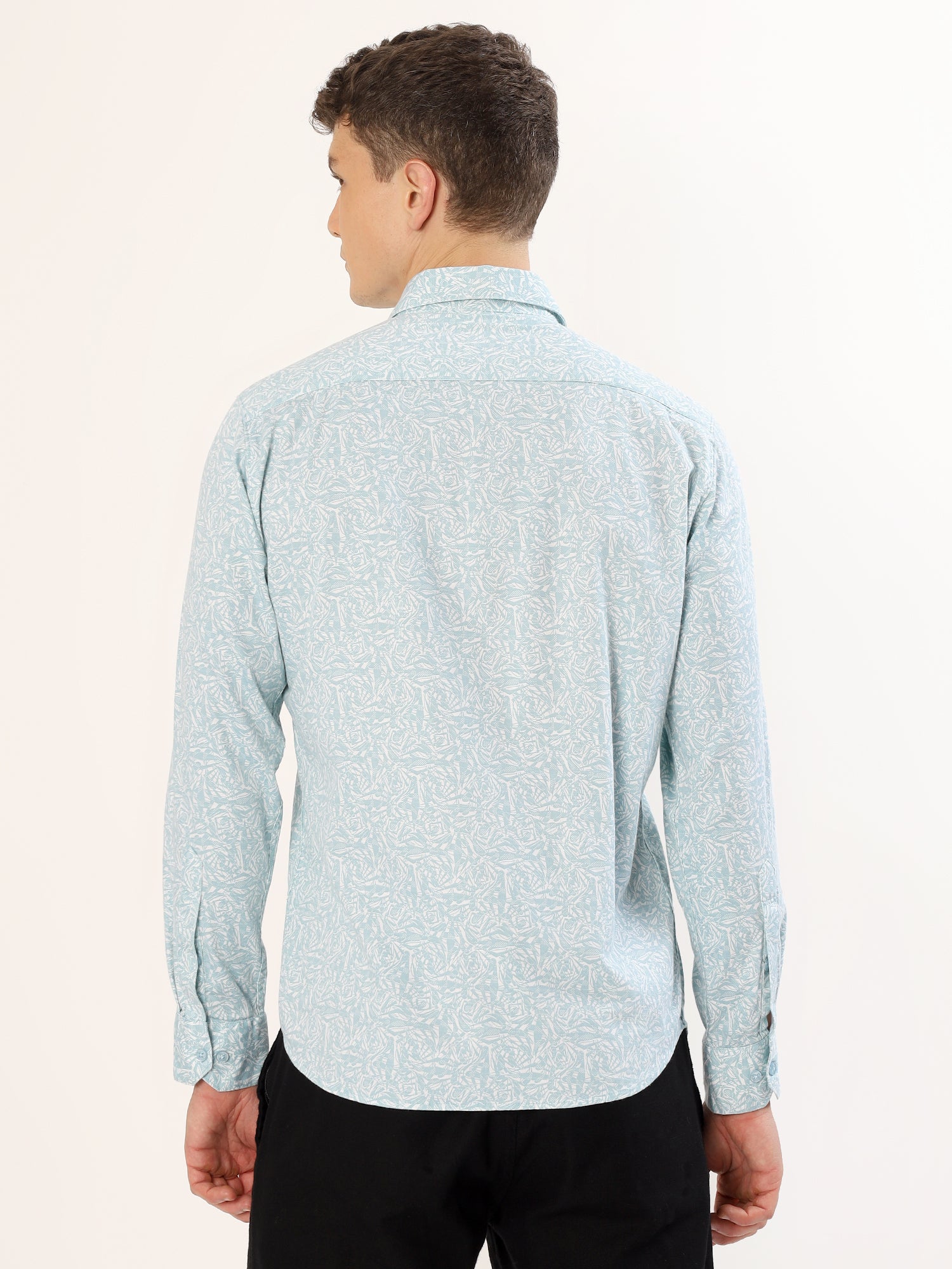 Men's White and Mint Floral Print Regular Fit Shirt