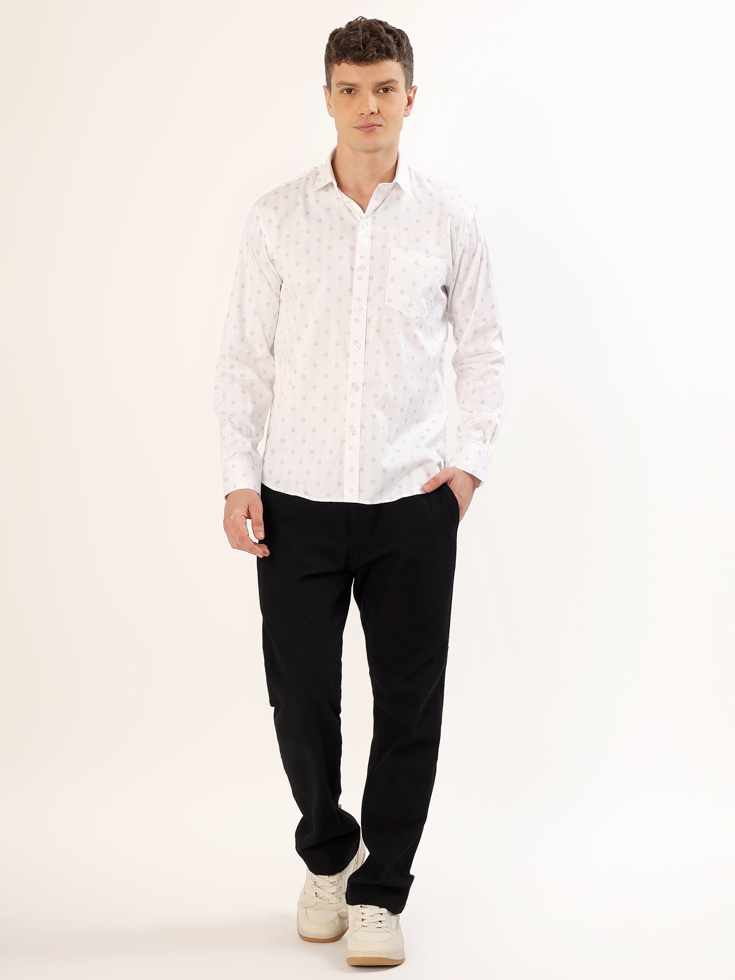 Men's White and Beige Geometric Print Regular Fit Shirt