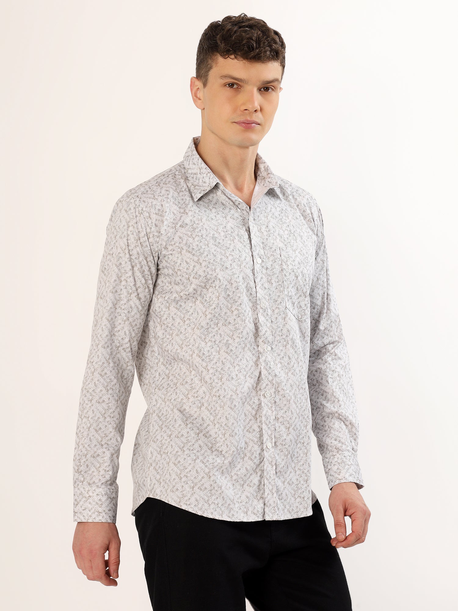 Men's White and Light Beige Abstract Print Regular Fit Shirt
