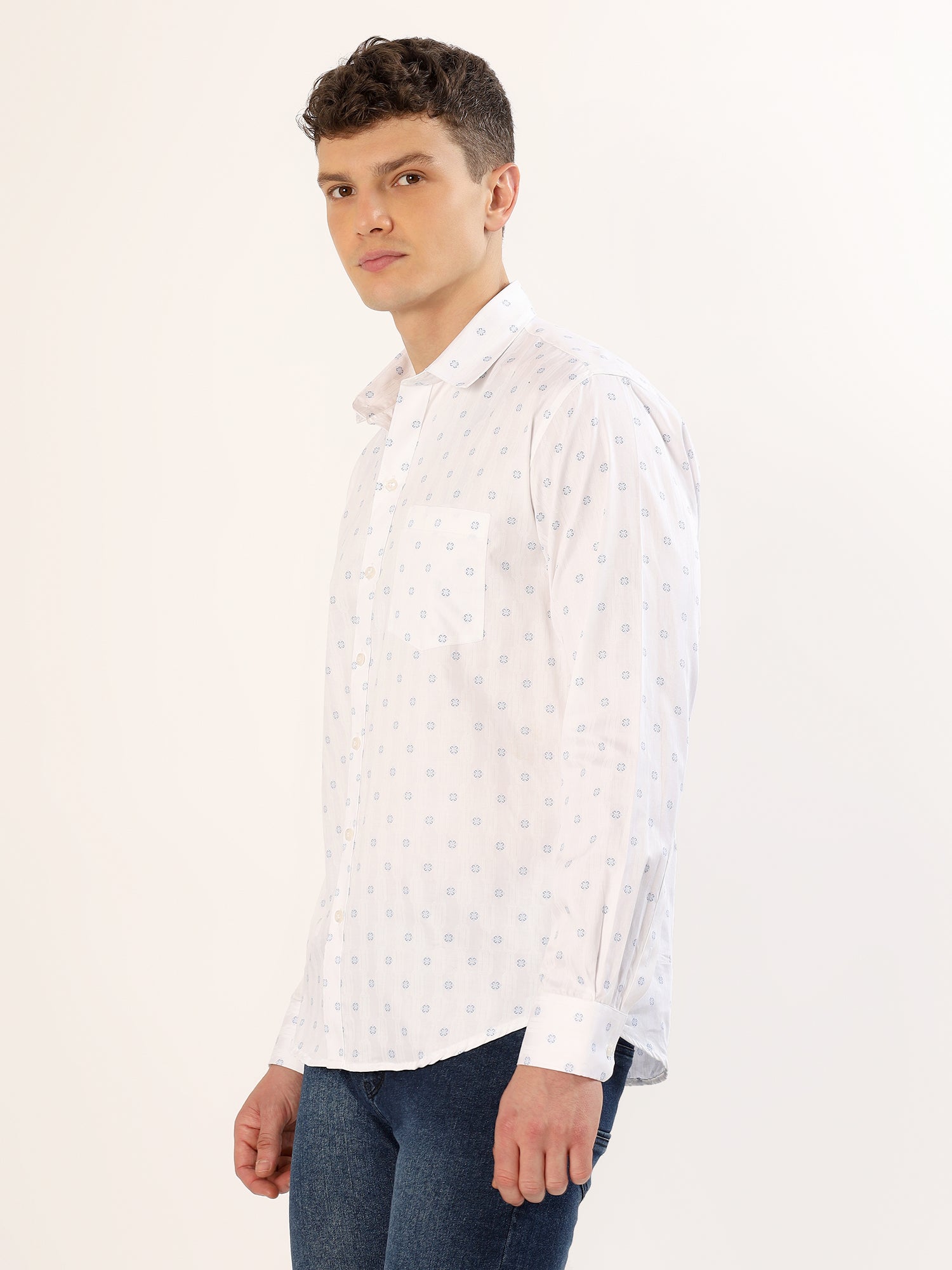 Men's White with Blue Geometric Print Regular Fit Shirt