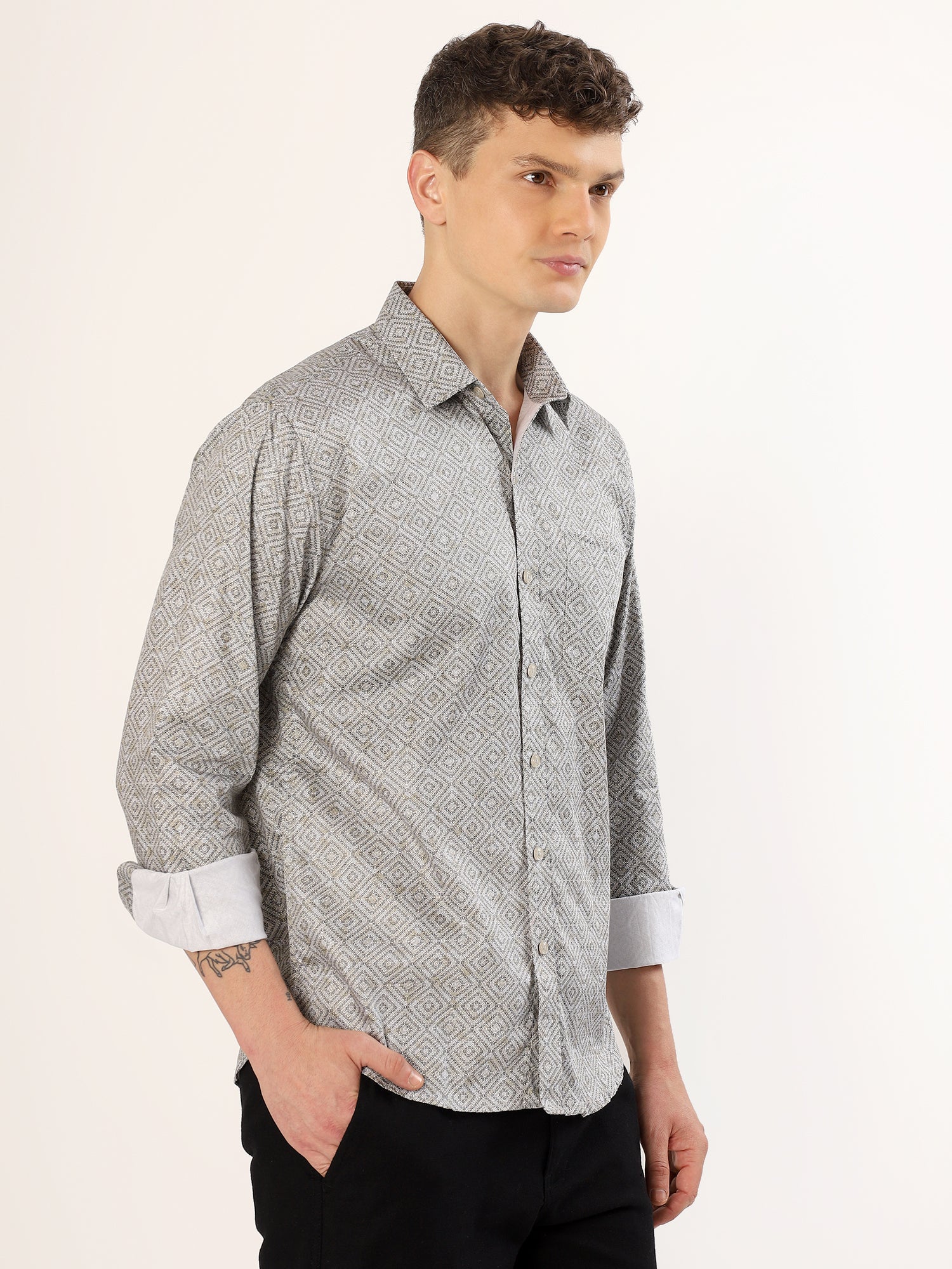 Men's Beige and Black Geometric Print Regular Fit Shirt