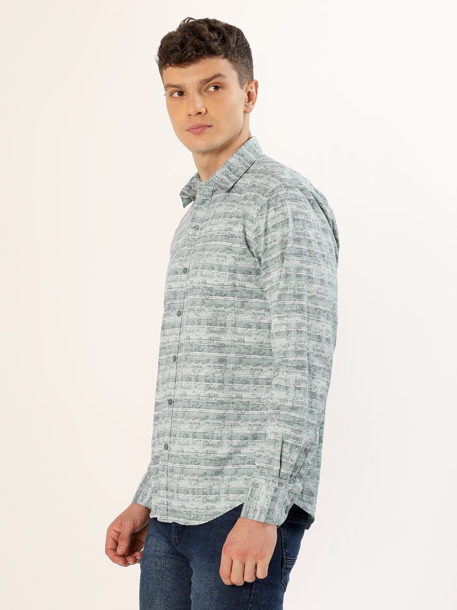 Men's Green and Blue Striped Print Regular Fit Shirt