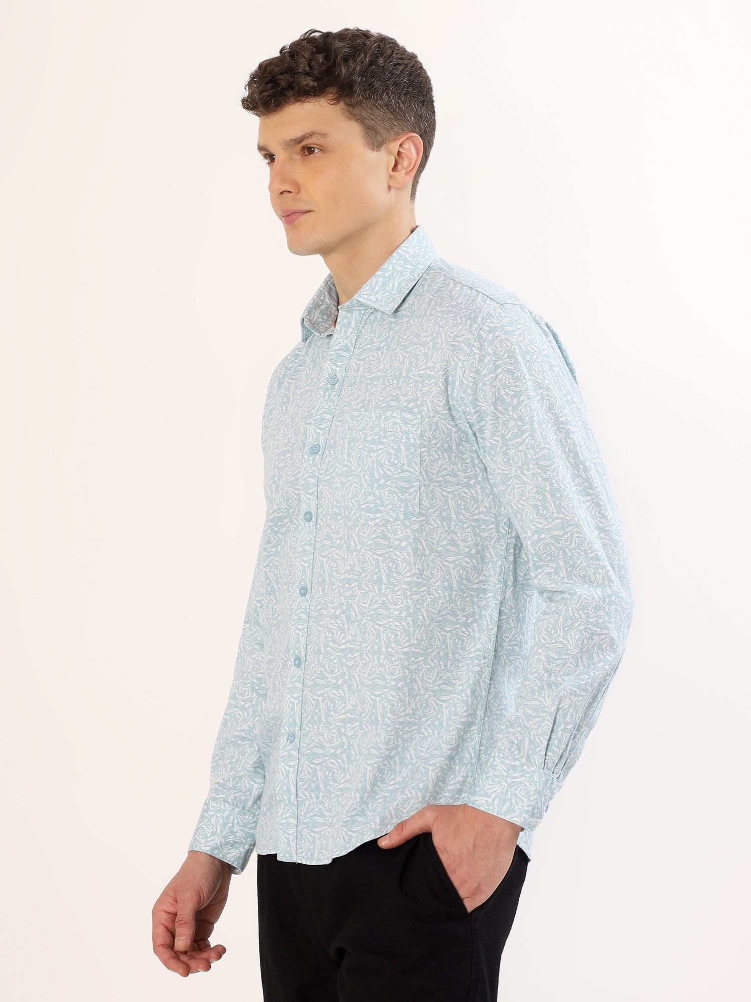 Men's White and Mint Floral Print Regular Fit Shirt