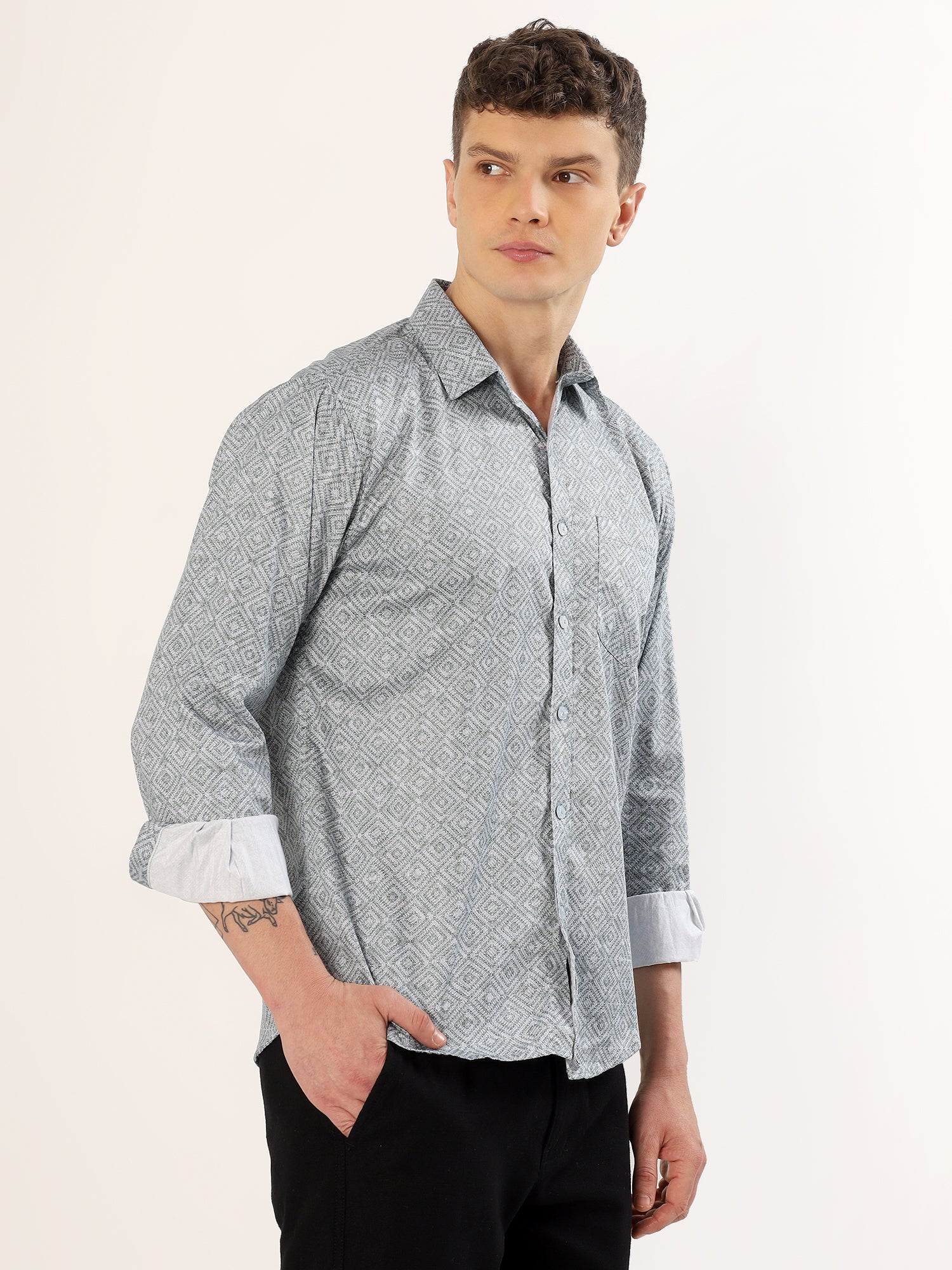 Men's Smoke Green and Black Geometric Print Regular Fit Shirt