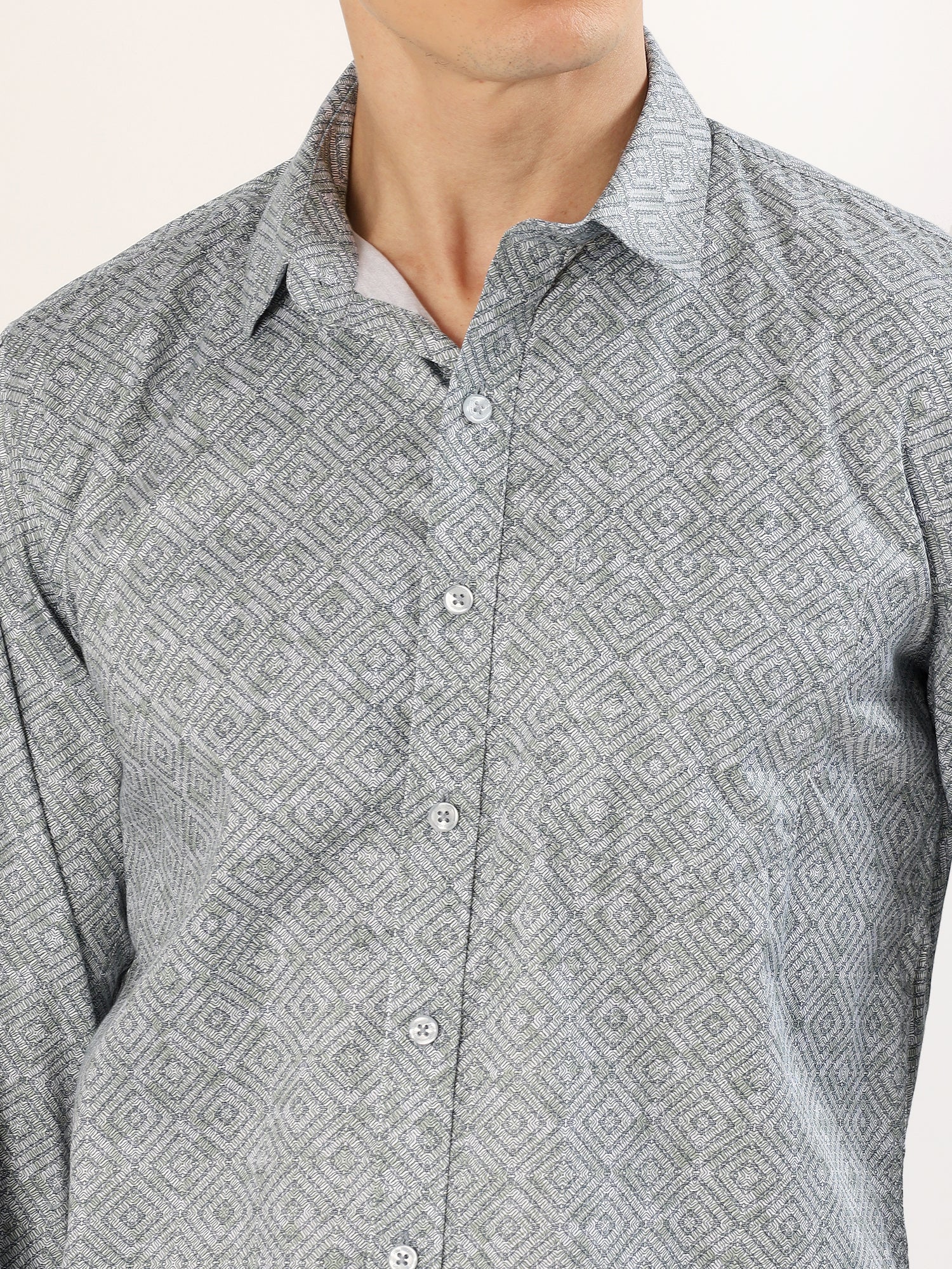 Men's Smoke Green and Black Geometric Print Regular Fit Shirt