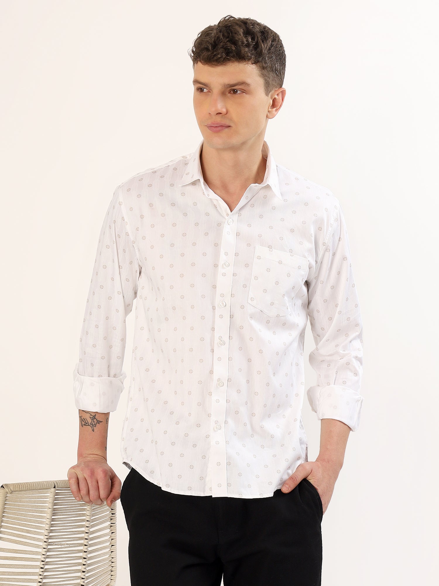 Men's White and Beige Geometric Print Regular Fit Shirt