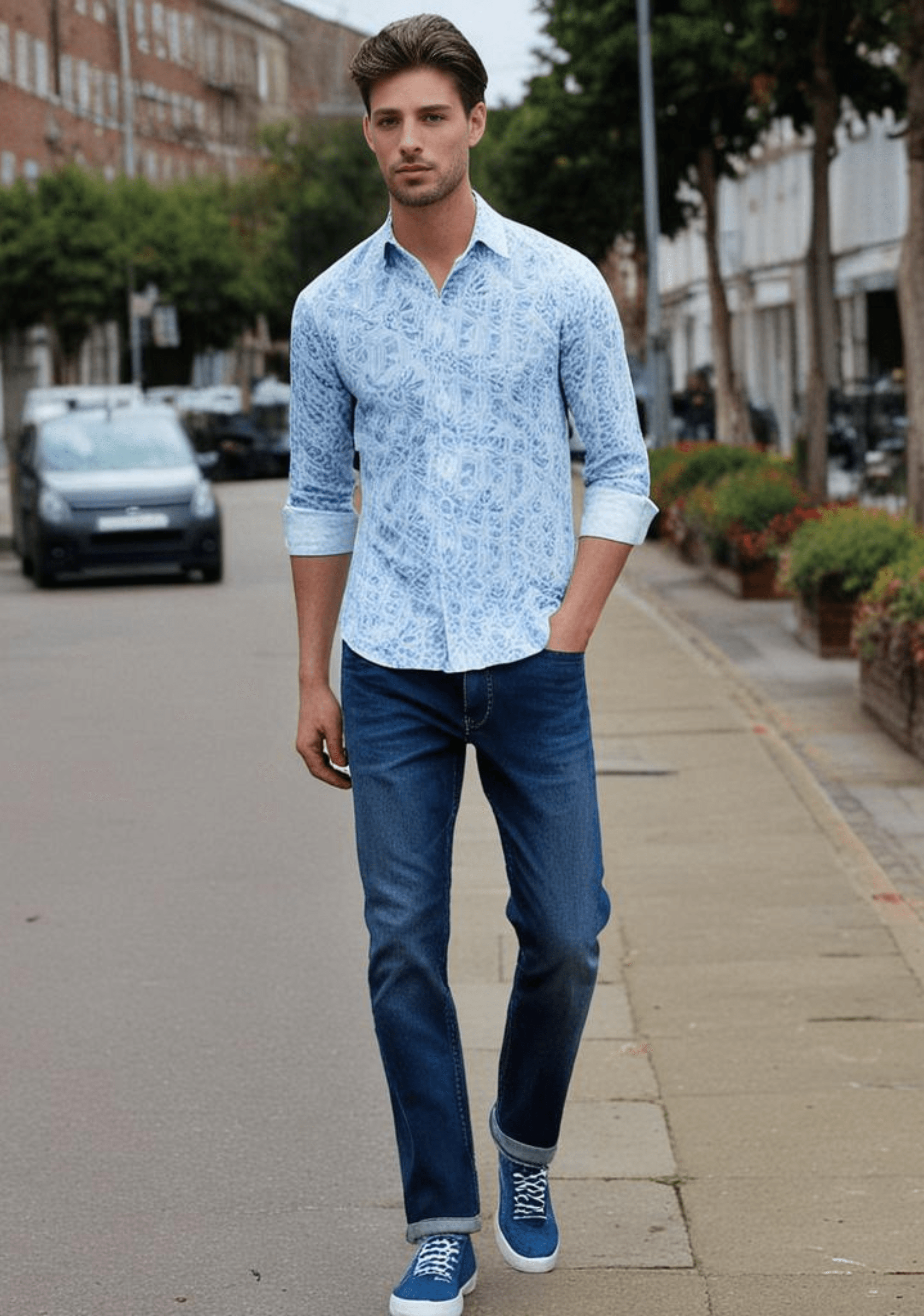 White Shirt with blue print
