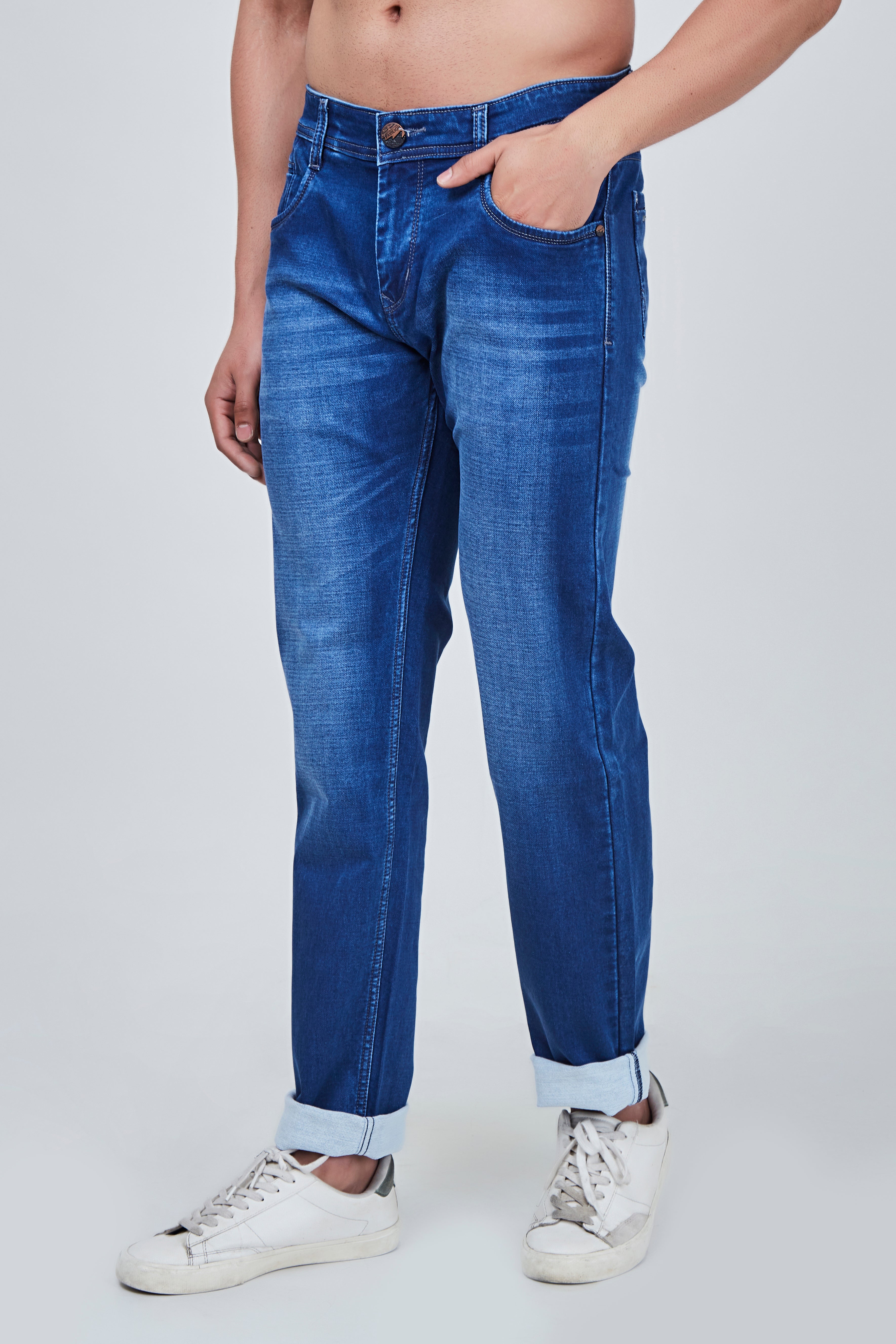 Semi Dark Blue Narrow Fit Jeans with Light Shaded