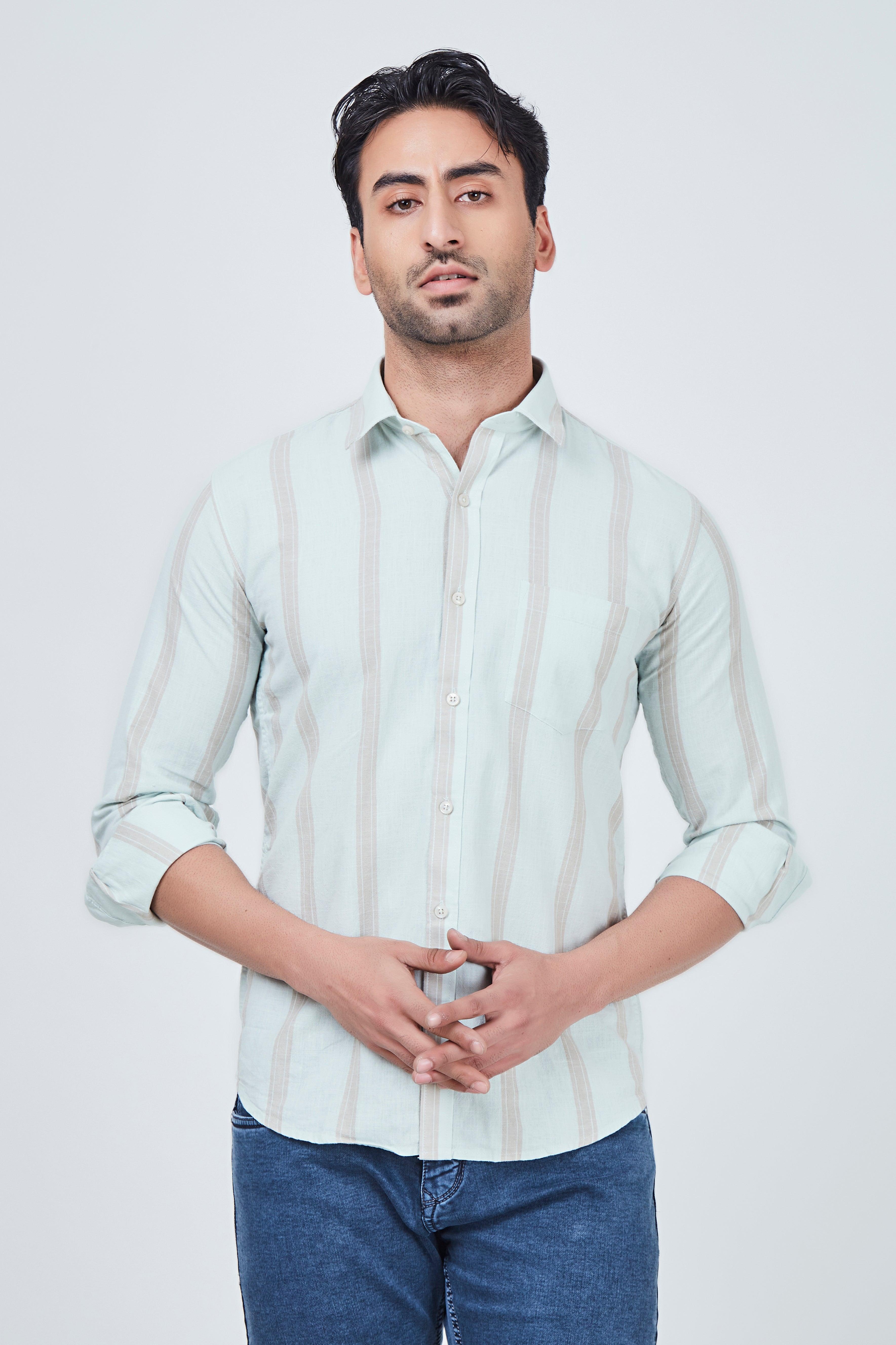 Light Blue Shirt with Brown Strap