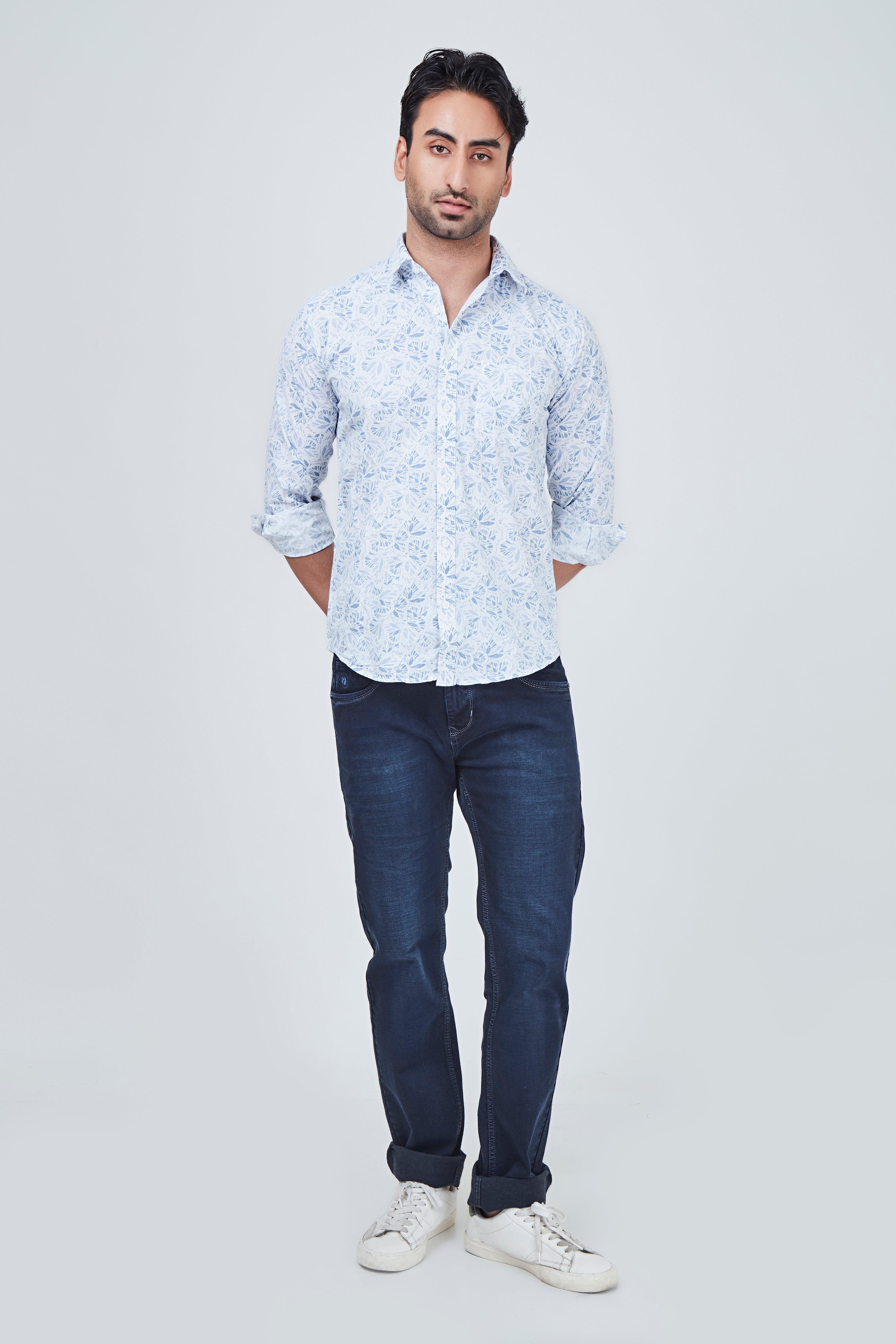 White Shirt with blue print