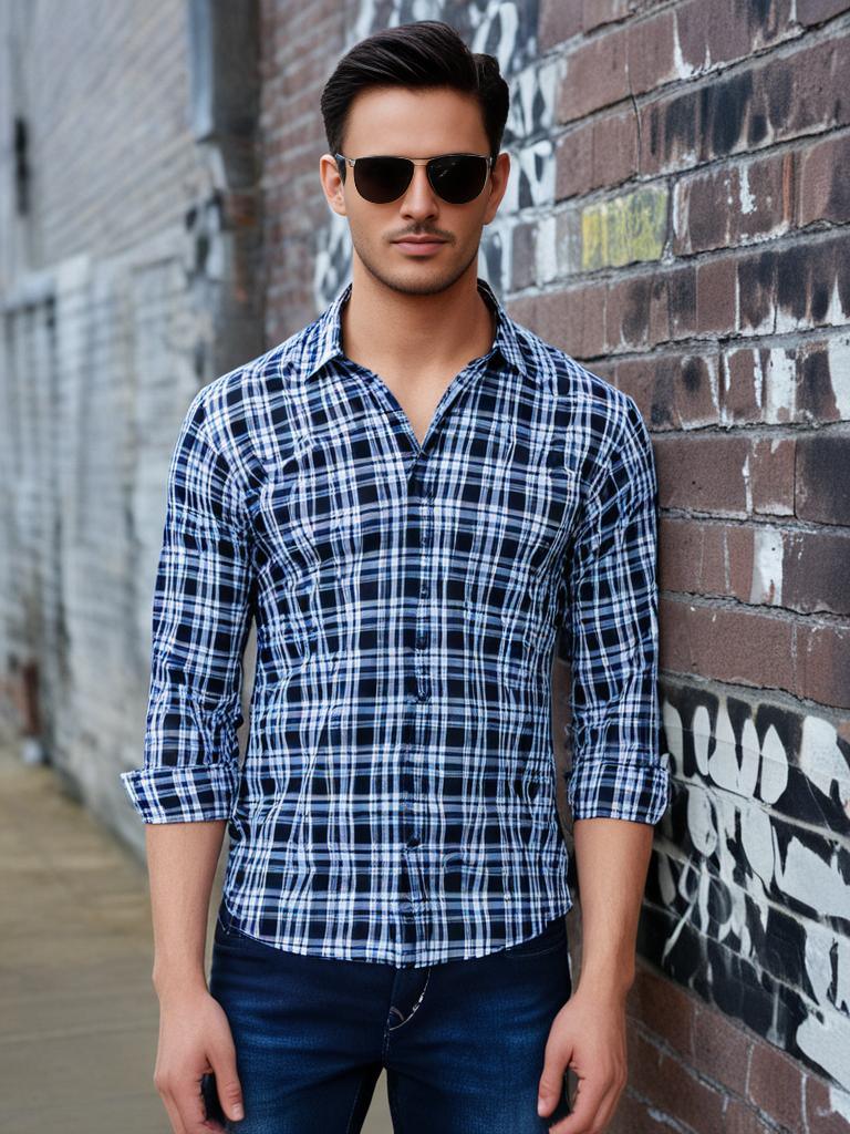 Dark Blue Checked Shirt with White Border