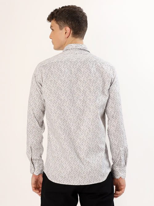 Men's White and Light Beige Abstract Print Regular Fit Shirt