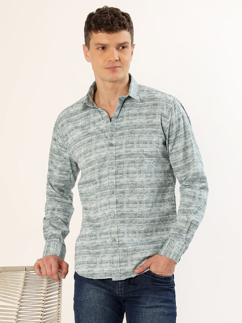 Men's Green and Blue Striped Print Regular Fit Shirt
