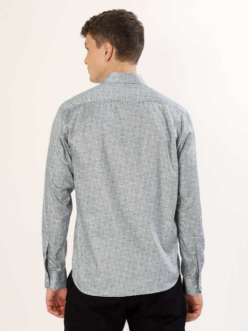 Men's Smoke Green and Black Geometric Print Regular Fit Shirt