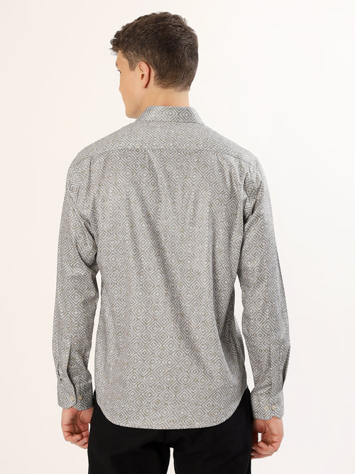 Men's Beige and Black Geometric Print Regular Fit Shirt