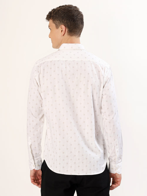 Men's White and Beige Geometric Print Regular Fit Shirt