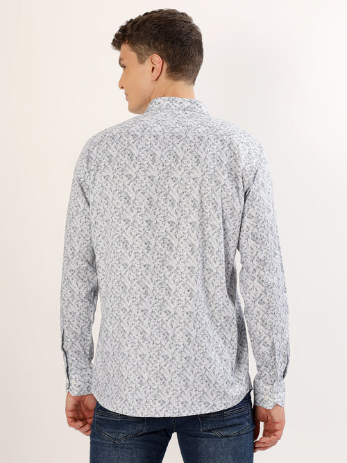 Men's White and Navy Blue Abstract Print Regular Fit Shirt