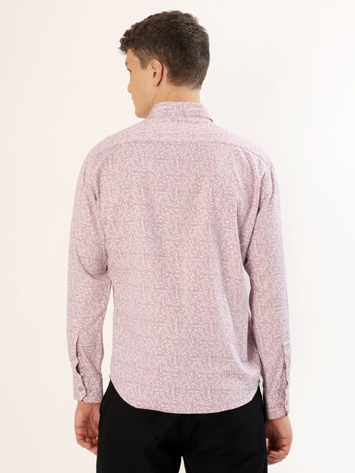 Men's White and Peach Floral Print Regular Fit Shirt