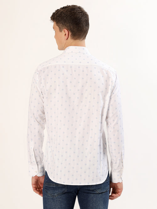 Men's White with Blue Geometric Print Regular Fit Shirt