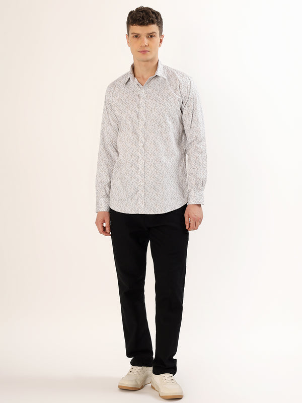 Men's White and Light Beige Abstract Print Regular Fit Shirt