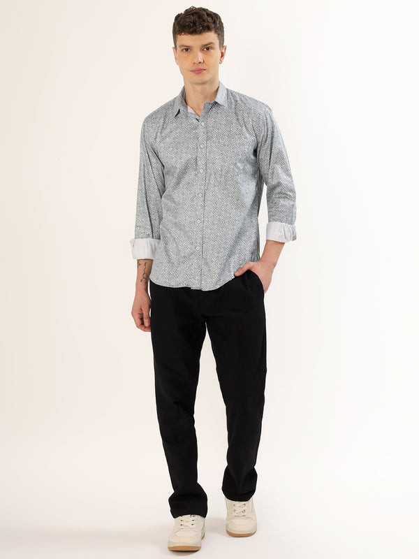 Men's Smoke Green and Black Geometric Print Regular Fit Shirt