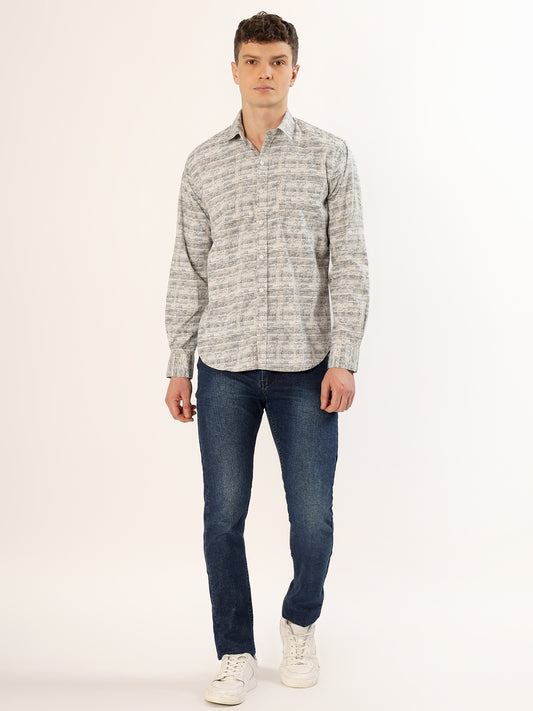 Men's Olive and Black Striped Print Regular Fit Shirt