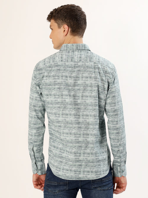 Men's Green and Blue Striped Print Regular Fit Shirt