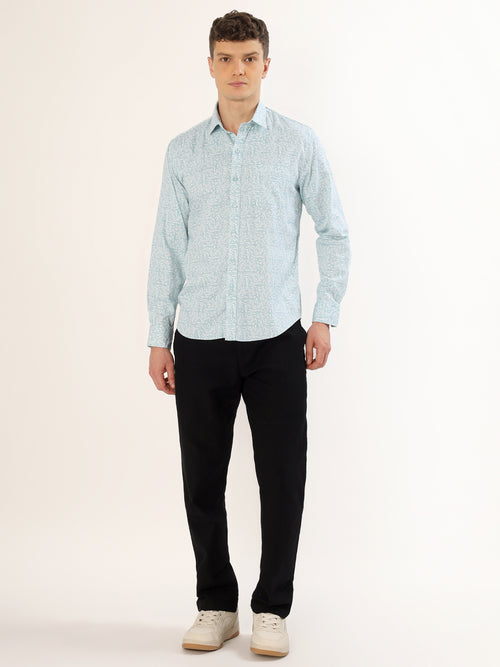 Men's White and Mint Floral Print Regular Fit Shirt