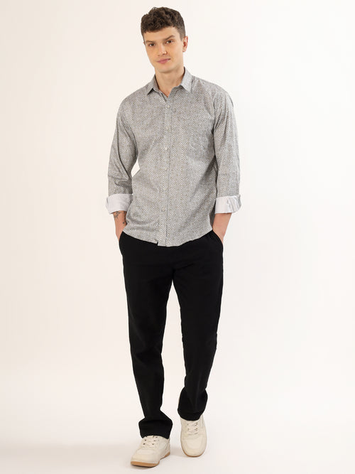 Men's Beige and Black Geometric Print Regular Fit Shirt