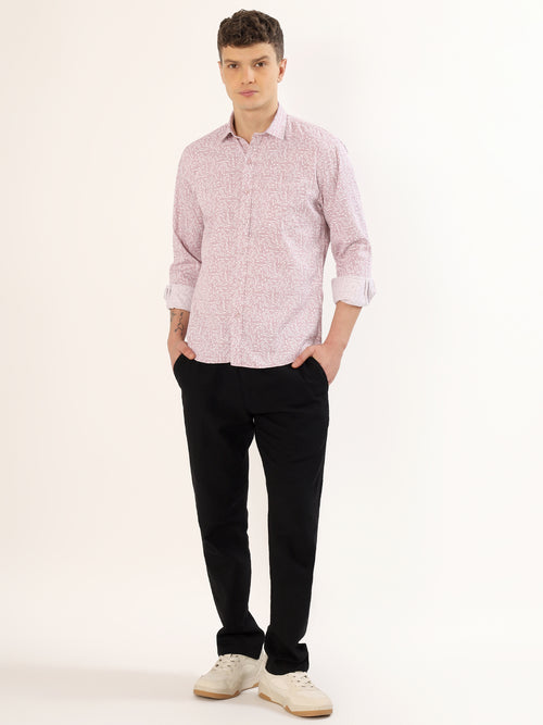 Men's White and Peach Floral Print Regular Fit Shirt