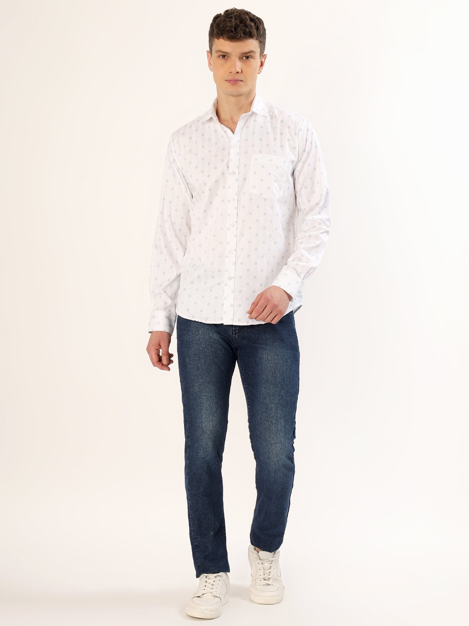 Men's White with Blue Geometric Print Regular Fit Shirt
