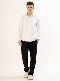 Men's White and Beige Geometric Print Regular Fit Shirt