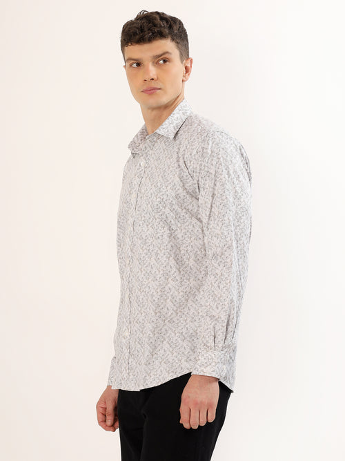 Men's White and Light Beige Abstract Print Regular Fit Shirt