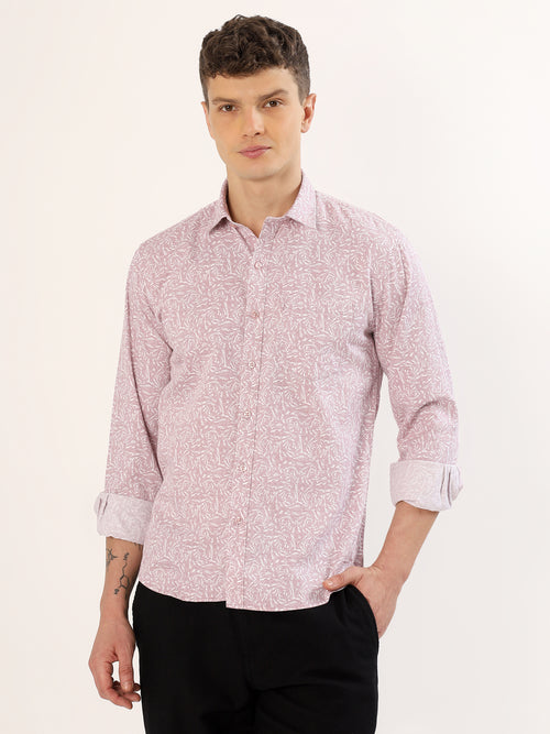 Men's White and Peach Floral Print Regular Fit Shirt