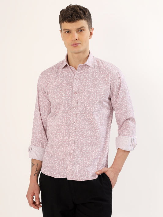 Men's White and Peach Floral Print Regular Fit Shirt