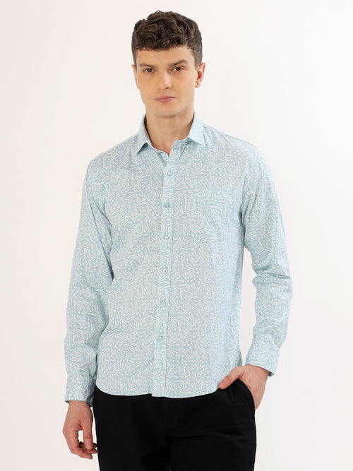 Men's White and Mint Floral Print Regular Fit Shirt