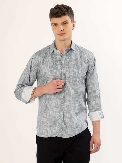 Men's Smoke Green and Black Geometric Print Regular Fit Shirt