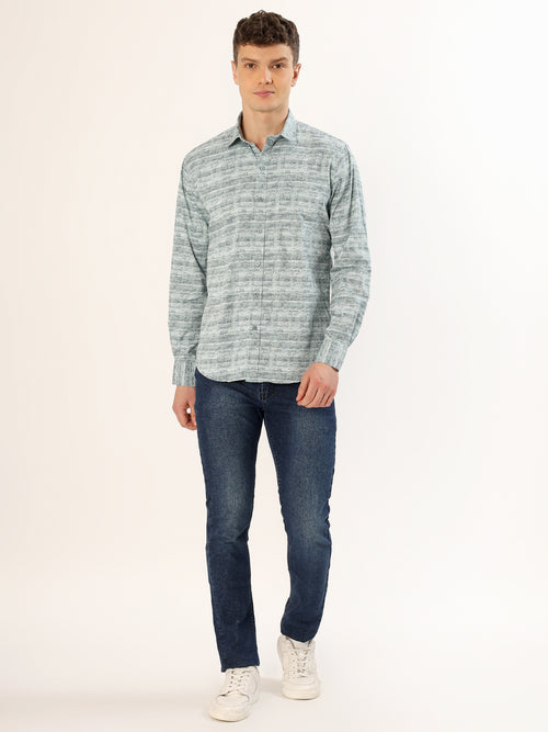 Men's Green and Blue Striped Print Regular Fit Shirt