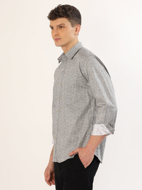 Men's Beige and Black Geometric Print Regular Fit Shirt