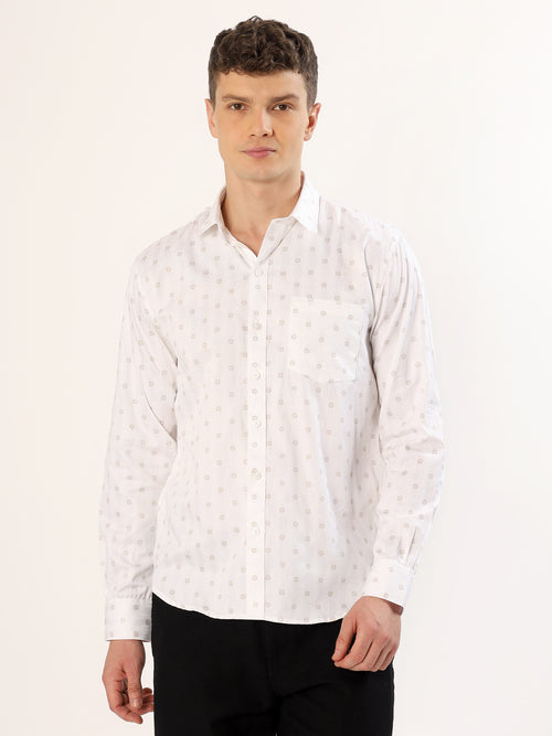 Men's White and Beige Geometric Print Regular Fit Shirt