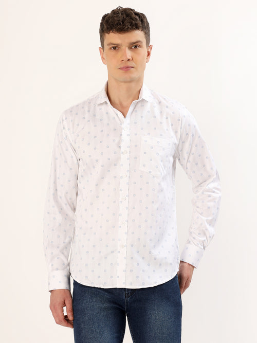 Men's White with Blue Geometric Print Regular Fit Shirt