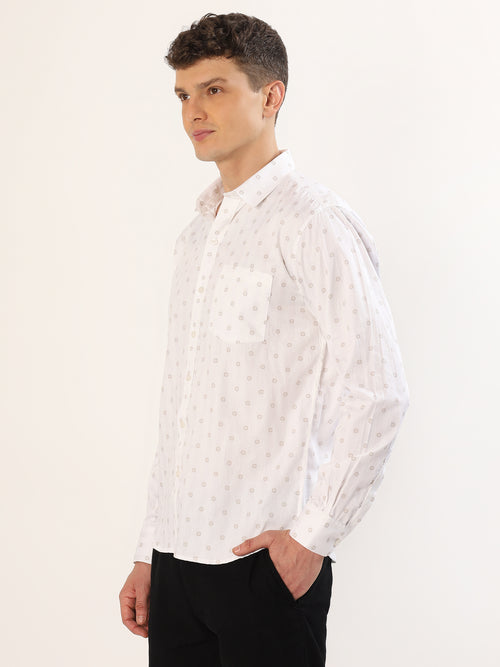 Men's White and Beige Geometric Print Regular Fit Shirt