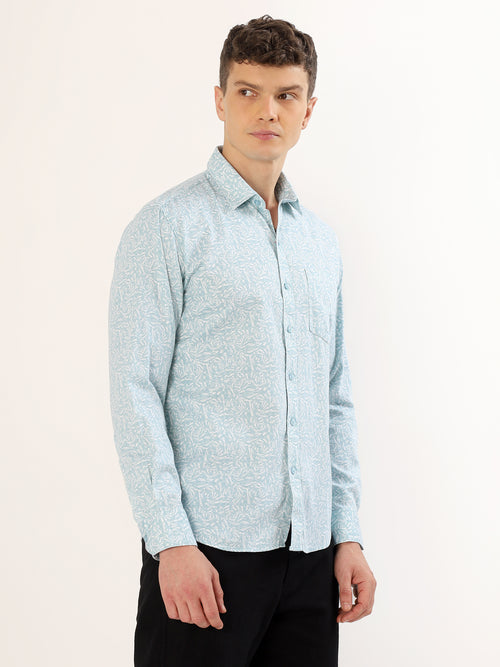 Men's White and Mint Floral Print Regular Fit Shirt