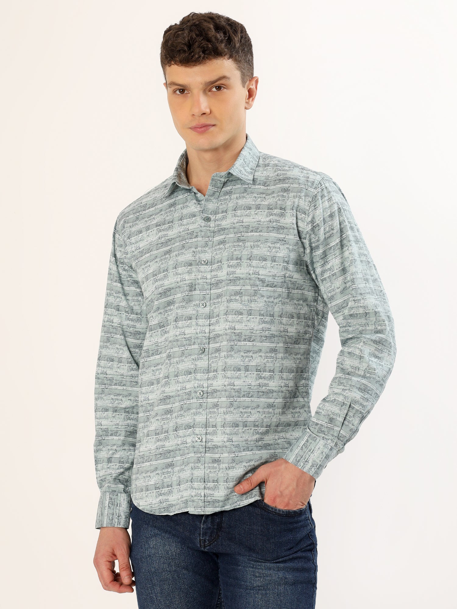 Men's Green and Blue Striped Print Regular Fit Shirt