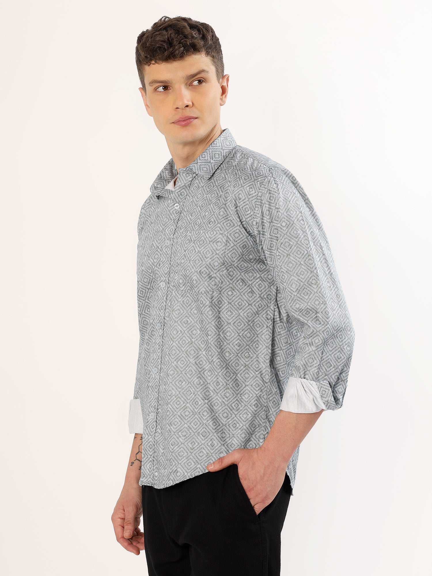 Men's Smoke Green and Black Geometric Print Regular Fit Shirt