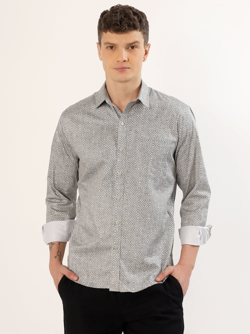 Men's Beige and Black Geometric Print Regular Fit Shirt