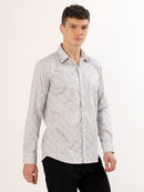 Men's White and Light Beige Abstract Print Regular Fit Shirt