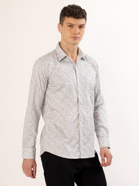 Men's White and Light Beige Abstract Print Regular Fit Shirt