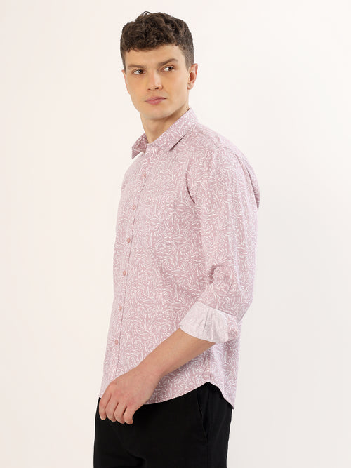 Men's White and Peach Floral Print Regular Fit Shirt