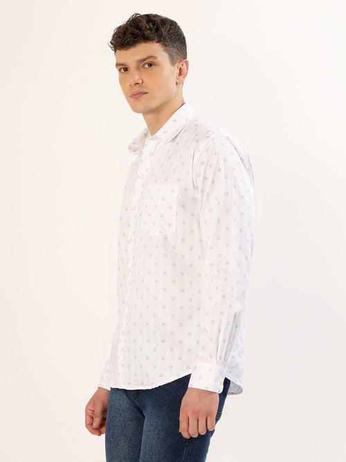 Men's White with Blue Geometric Print Regular Fit Shirt